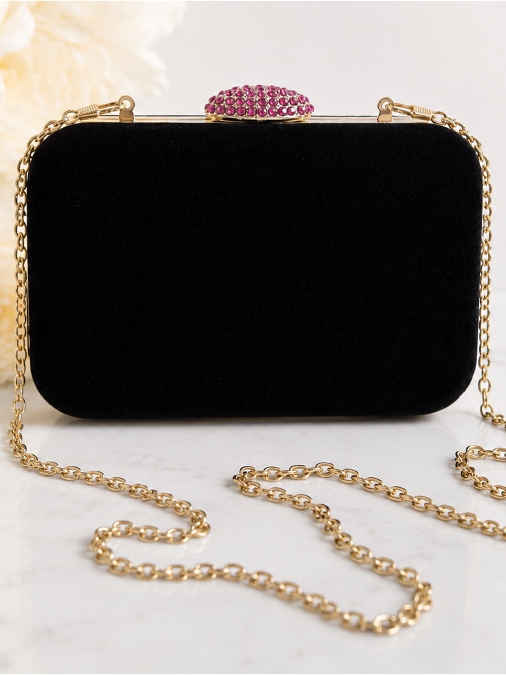 New Black Velvet Evening Clutch with Gold Chain and Pink Gem Accent